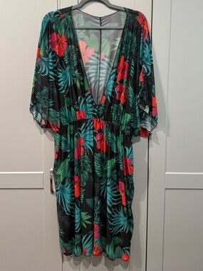 Black Tropical Floral V-Neck Swim Coverup